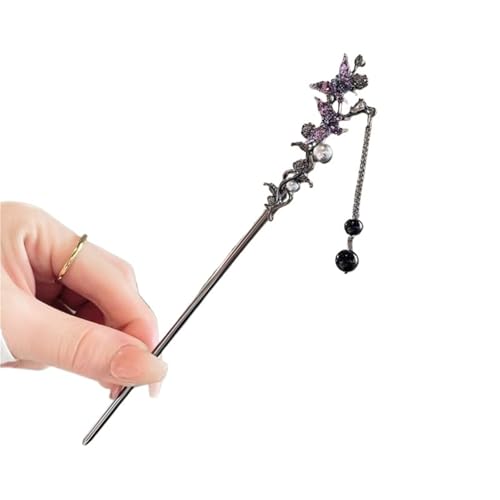 Tassel Haarstäbchen Quaste Haarnadel Eleganter Doppelschmetterling Geeignet for Frauen Schwarze Perlen Fransen Haarspange Chinesisches Hanfu Zubehör(Color-01) von IKFGTJRE