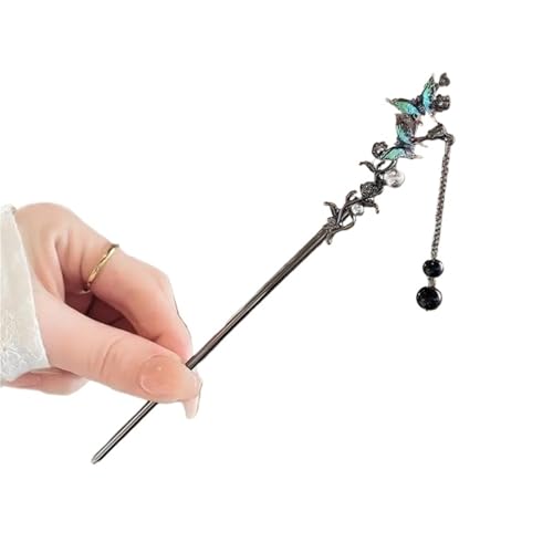 Tassel Haarstäbchen Quaste Haarnadel Eleganter Doppelschmetterling Geeignet for Frauen Schwarze Perlen Fransen Haarspange Chinesisches Hanfu Zubehör(Color-02) von IKFGTJRE