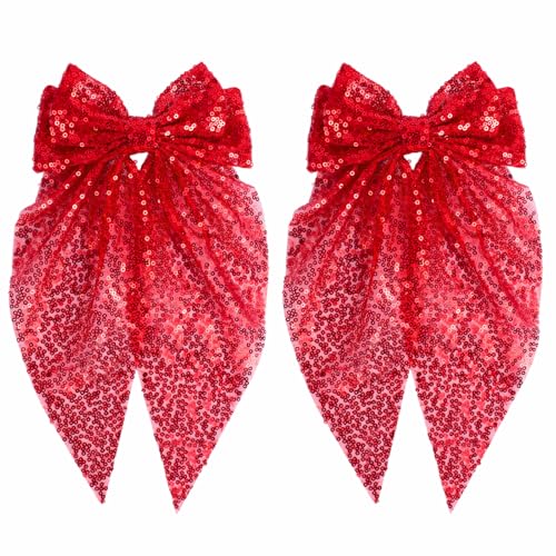 Glitzernde Pailletten-Haarschleifen für Damen und Mädchen, Weihnachtsschmuck, rote Glitzer-Haarschleifen mit langem Schwanz, große Haarspangen, glitzerndes Haar-Accessoire für Weihnachten, von IKOLA
