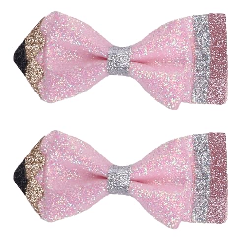 Haarschleifen für den Schulanfang, Glitzerstift-Haarspangen, rutschfeste Krokodilklemmen, glitzernde Schleifen, Haarschmuck für Mädchen, Rosa von IKOLA