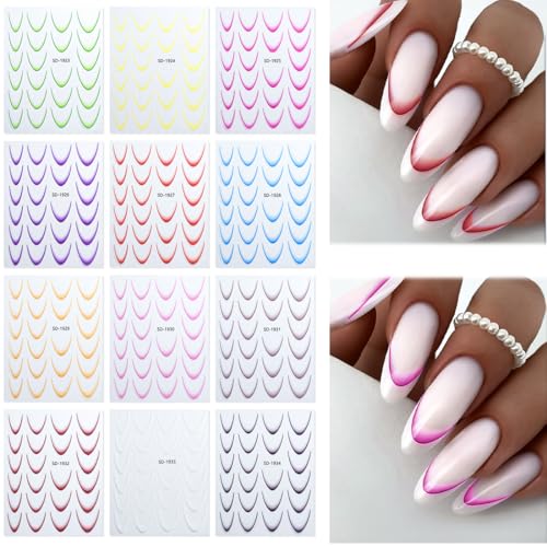 12 Stück Französische Spitze Nagelsticker Farbverlauf French Tips Nail Sticker Kurve Streifen Linien French Nageldesign Nagelaufkleber French Tip Nagel Sticker Bunte Nagel Stickers von IKOPFLN