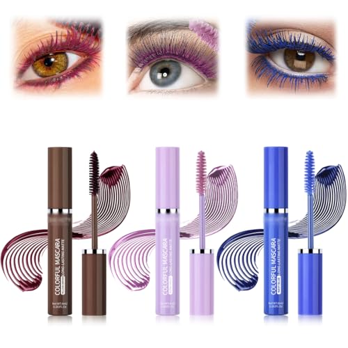 3-Farben Lila Mascara,Voluminöse Wimperntusche Glitzer Mascara Blau,Mascara mit Glitzer Braun Mascara,wasserfeste Lila,Mascara bunt für Party, Hochzeit von IKOPFLN