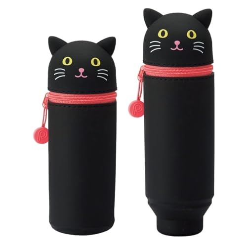 IKOPFLN 1 Stück 2-in-1 Schulmäppchen aus weichem Silikon, Tischstifthalter, Reißverschluss, Buntstifte, Marker（Schwarze Katzen） von IKOPFLN