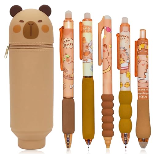 IKOPFLN 1 Stück 2 in 1 Weiche Silikontasche Federmäppchen, 5 Stück Tier Radierstift Kugelschreiber, Kawaii, Tischstifthalter, Reißverschluss mit löschbaren Gelstiften (Braun) von IKOPFLN