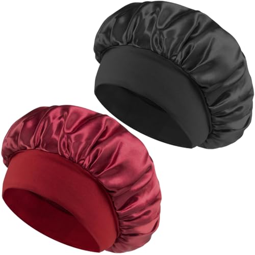 IKOPFLN 2 PCS Bonnet Sleep Cap Satin Bonnet Nacht Schlafmütze, Locken Atmungsaktive Schlafmütze,doppellagige Nachtmütze,Verstellbare Schlafkappe,für Frauen und Mädchen(Schwarz + Rot) von IKOPFLN