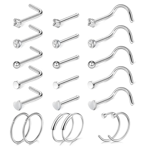 IKOPFLN 21 Stück Nasenpiercing Gold 316L Chirurgenstahl Piercing Nase 20G Nasenpiercing Ring Nasenring CZ Nasenpiercing Stecker Nasenstecker Nasenpiercing Set Silber Nostril Schmuck Damen von IKOPFLN