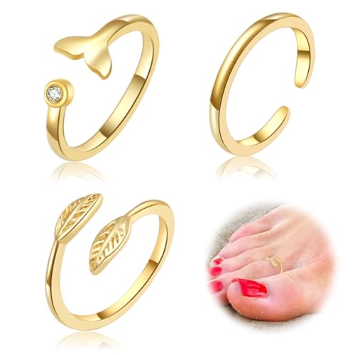 IKOPFLN 3 Stück 14K Gold Zehenringe für Frauen Fußkettchen und Zehenring Set Verstellbare Fußkettchen Fußschmuck von IKOPFLN