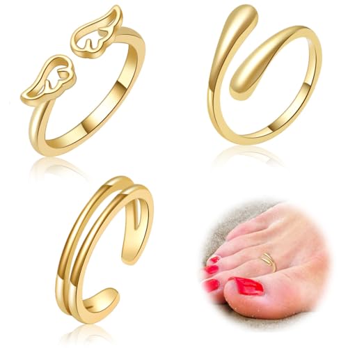 IKOPFLN 3 Stück Gold Zehenring Edelstahl Einstellbar Bend Open Toe Ring,Engelsflügel Plain Thin Toe Finger Schwanz Ring Sommer Strand Fuß-Schmuck-Set für Frauen Männer von IKOPFLN