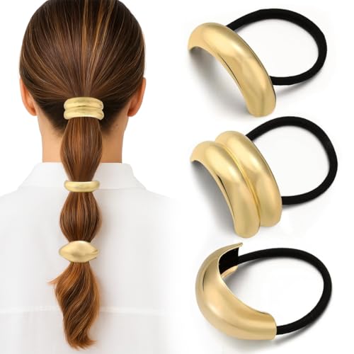 IKOPFLN 3 Stück Haargummi Gold,Pferdeschwanz Metall Haargummi Damen Elegante und Langlebige Elastische Haargummis für Alltag Arbeit Party von IKOPFLN