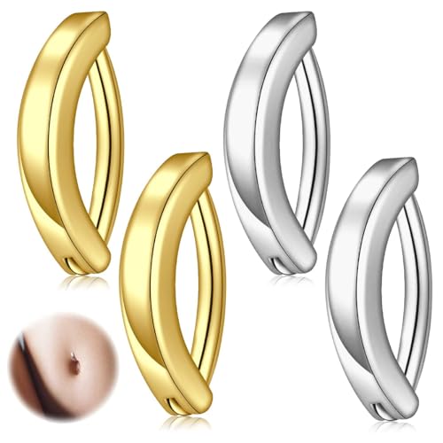 IKOPFLN 4 Stück 14G Clicker Piercing Bauchnabel für Frauen,14K Gold Bauchnabelpiercing 316L Edelstahl Silber Reverse Curved Nabel Barbell Schmuck Körperschmuck von IKOPFLN
