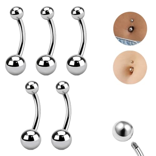 IKOPFLN 5-teiliges Set Bauchnabelpiercing 316L Chirurgenstahl Piercing Bauchnabel Ring Silber 14G Bauchpiercing Barbell Lang Nabel Bars Nabelring Piercing für Damen von IKOPFLN