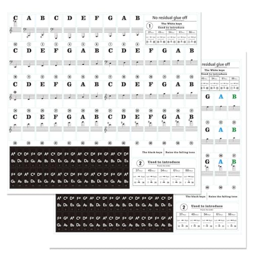 IKOPFLN Zwei AufkleberSets Bunte abnehmbare Piano Keyboard Note Etiketten mit Klavier Akkord Chart Poster Silikon Piano Noten Aufkleber Guide für Anfänger wiederverwendbar 88 Key Full Size Piano von IKOPFLN