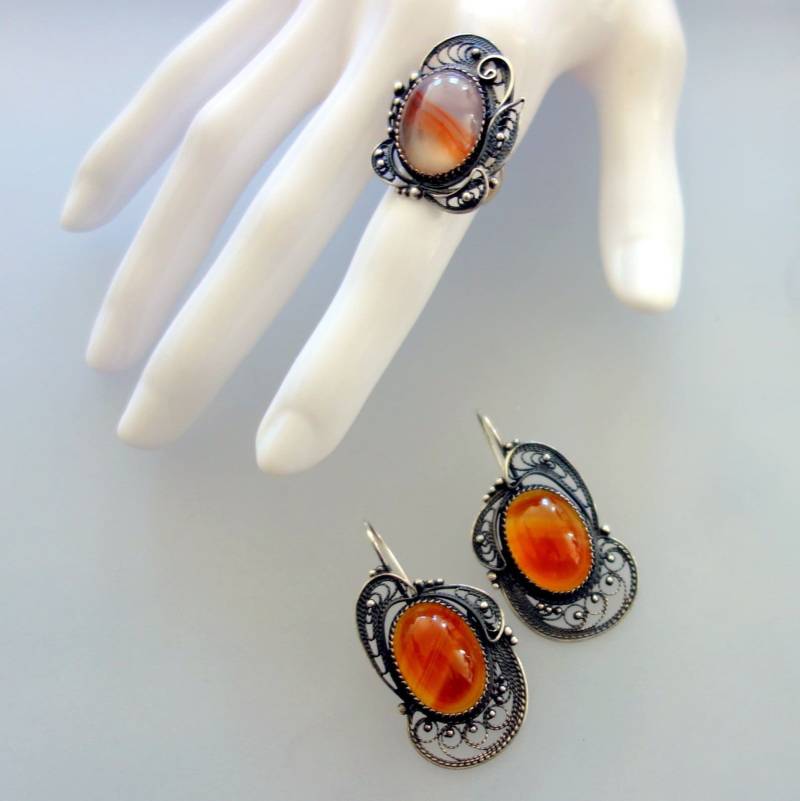 Antiker Handarbeit Durchscheinend Vintage Achat Ring Und Ohrringe Schmuck-Set Handgefertigt Silber Antiker Handarbeit Durchscheinend Vintage Achat Ring Und Ohrringe Schmuck-Set Handgefertigt Silber von IKOSZ