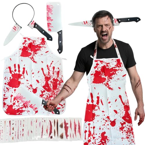 IKSAMY Metzger Kostüm Horror Set für Halloween - Grusel Schlachter Outfit mit Schürze, Messer Haarreif & Zombie Narben, Herren Damen Gruselkostüm IKSAMY Metzger Kostüm Horror Set für Halloween - Grusel Schlachter Outfit mit Schürze, Messer Haarreif & Zombie Narben, Herren Damen Gruselkostüm von IKSAMY