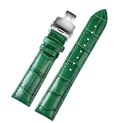 ILAZI 18 mm 20 mm 22 mm hochwertiges Bambusmuster weiche Kuhwahnsinnsgurt Männer Schmetterling Schnallen Strauß Ledergrün Watchband Armband(A silver Folding,22mm) von ILAZI