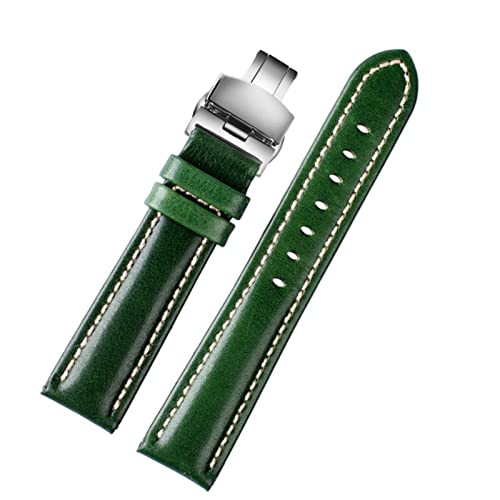 ILAZI 18 mm 20 mm 22 mm hochwertiges Bambusmuster weiche Kuhwahnsinnsgurt Männer Schmetterling Schnallen Strauß Ledergrün Watchband Armband(C silver Folding,20mm) von ILAZI