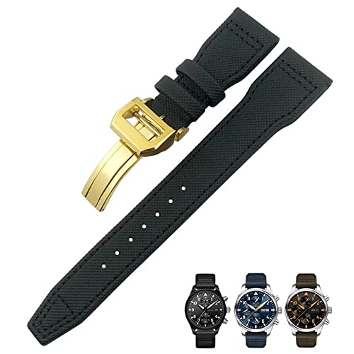 ILAZI 20mm 21mm 22mm Nylonfaser-Lederarmband passend für IWC IW377729 IW389001 Big Pilot Watch Grün Blau Schwarz Uhrenarmband(Black gold 1,20mm) von ILAZI