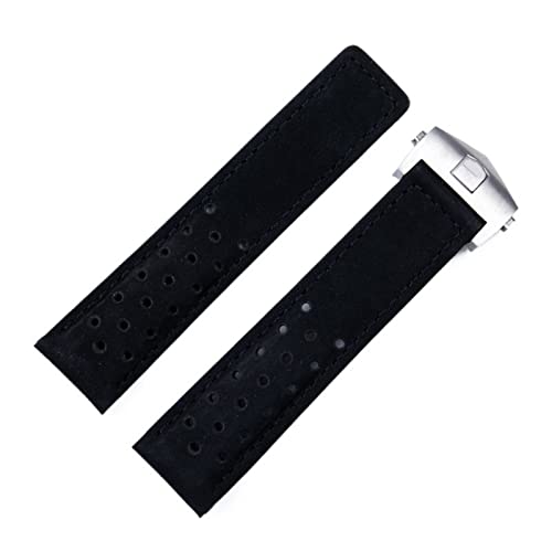 ILAZI 20mm 22mm 24mm echtes mattiertes Lederarmband für TAG-Band für HEUER CARRERA AQUARACER Monaco F1 Uhrenarmband Armbandschnalle(Blk Silver Buckle,20mm) von ILAZI