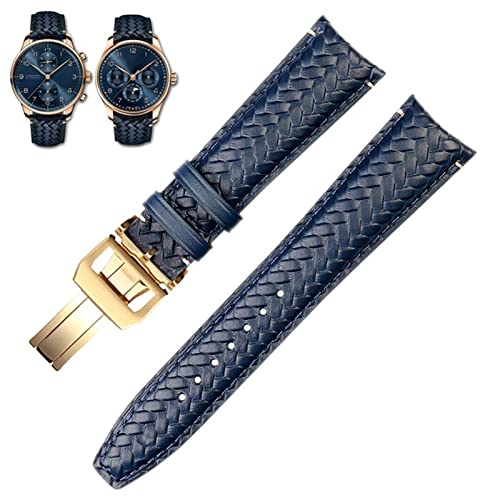 ILAZI Gewebtes Rindsleder-Uhrenarmband für IWC IW344205 portugiesischer Chronograph Pilot Portofino Faltschließe 22 mm 20 mm blau-schwarze Uhrenarmbänder(Blue-gold B,20mm) von ILAZI