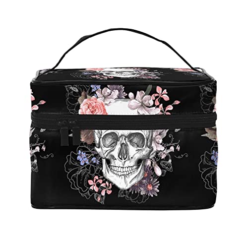 ILEABEC Reise Make-up Tasche Für Frauen Große Kosmetiktaschen Tragbare Make-up Organizer Tasche Urlaub Kulturbeutel, Totenkopf Floral, Einheitsgröße von ILEABEC