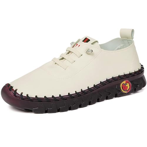 Handgemachte Lederschuhe Freizeitschuhe Damen Leder Wanderschuhe Flache Sohle, Freizeitschuhe Bogen Unterstützung (Beige,41) von ILESTDG