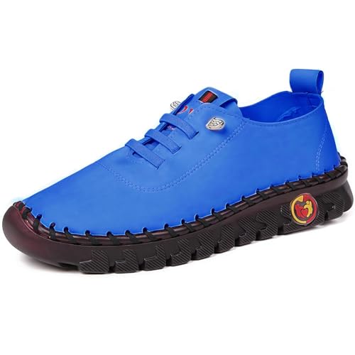 Handgemachte Lederschuhe Freizeitschuhe Damen Leder Wanderschuhe Flache Sohle, Freizeitschuhe Bogen Unterstützung (Blau,44) von ILESTDG