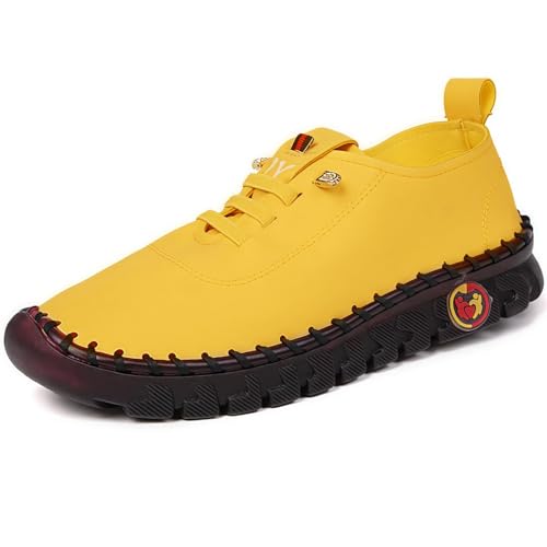 Handgemachte Lederschuhe Freizeitschuhe Damen Leder Wanderschuhe Flache Sohle, Freizeitschuhe Bogen Unterstützung (Gelb,45) von ILESTDG