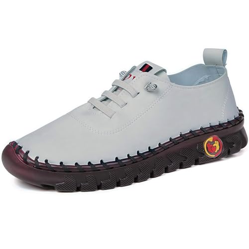 Handgemachte Lederschuhe Freizeitschuhe Damen Leder Wanderschuhe Flache Sohle, Freizeitschuhe Bogen Unterstützung (Grau,38) von ILESTDG