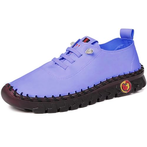 Handgemachte Lederschuhe Freizeitschuhe Damen Leder Wanderschuhe Flache Sohle, Freizeitschuhe Bogen Unterstützung (Lila,42) von ILESTDG