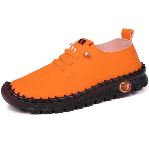 Handgemachte Lederschuhe Freizeitschuhe Damen Leder Wanderschuhe Flache Sohle, Freizeitschuhe Bogen Unterstützung (Orange,37) von ILESTDG