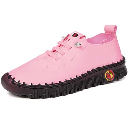 Handgemachte Lederschuhe Freizeitschuhe Damen Leder Wanderschuhe Flache Sohle, Freizeitschuhe Bogen Unterstützung (Rosa,40) von ILESTDG