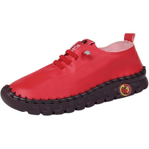 Handgemachte Lederschuhe Freizeitschuhe Damen Leder Wanderschuhe Flache Sohle, Freizeitschuhe Bogen Unterstützung (Rot,40) von ILESTDG