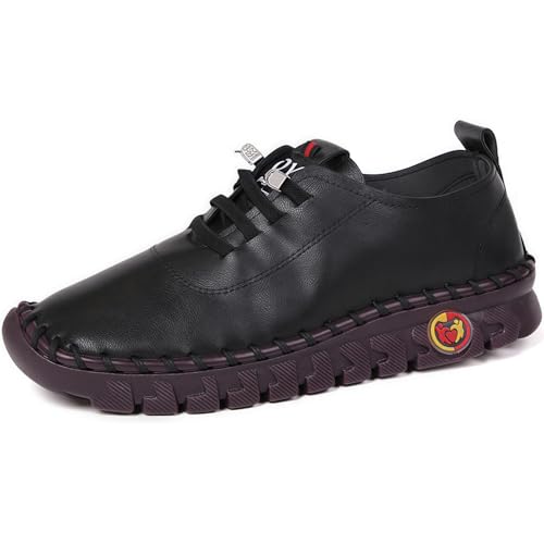 Handgemachte Lederschuhe Freizeitschuhe Damen Leder Wanderschuhe Flache Sohle, Freizeitschuhe Bogen Unterstützung (Schwarz,39) von ILESTDG