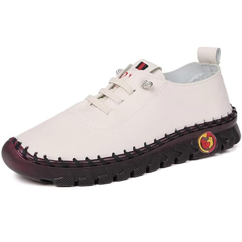 Handgemachte Lederschuhe Freizeitschuhe Damen Leder Wanderschuhe Flache Sohle, Freizeitschuhe Bogen Unterstützung (Weiß,43) von ILESTDG
