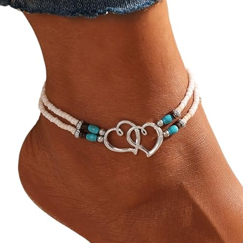 ILESTDG 2 Stück Boho-Fußkettchen in Herzform, Verstellbares Elastische Doppelschicht-Fußkettchen, Modische Retro-Fußkettchen Für Damen (Weiß) von ILESTDG