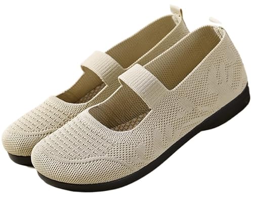 Ballerinas Damen Mittelalter Flache,Gewebte Mesh Fußgewölbeunterstützung Damenschuhe Elegant Und Bequem Trachtenschuhe Riemchenballerina,Leichte Loafers (Khaki,41) von ILESTDG