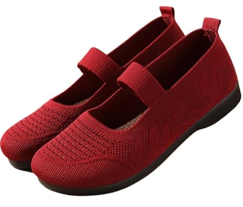 Ballerinas Damen Mittelalter Flache,Gewebte Mesh Fußgewölbeunterstützung Damenschuhe Elegant Und Bequem Trachtenschuhe Riemchenballerina,Leichte Loafers (Rot,40) von ILESTDG