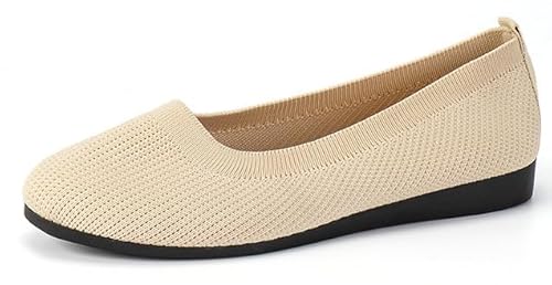 ILESTDG Damen Ballerinas Knit Kleid Schuhe Slip on rutschfest Runde Zehe Flach Stricken Schuhe Bequem Weich Sommer (Beige,43) von ILESTDG