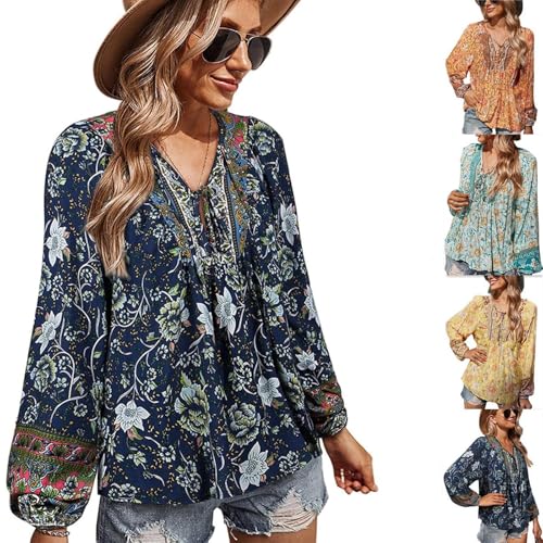 ILESTDG Damen Bluse Elegant LäSsige Boho V-Ausschnitt Langarm Tunika Mit Blumenmuster Leicht Luftig Viskose Dünne Longbluse Ausgefallene Strandhemd (Dunkelblau,4XL) von ILESTDG