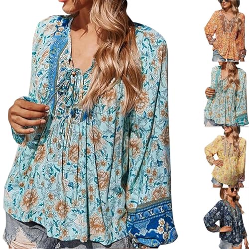 ILESTDG Damen Bluse Elegant LäSsige Boho V-Ausschnitt Langarm Tunika Mit Blumenmuster Leicht Luftig Viskose Dünne Longbluse Ausgefallene Strandhemd (Grün,XXL) von ILESTDG