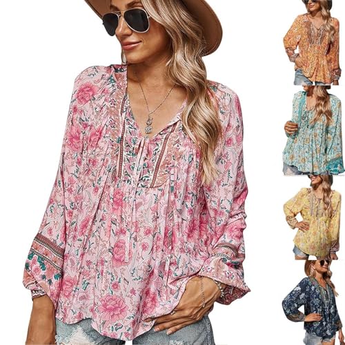 ILESTDG Damen Bluse Elegant LäSsige Boho V-Ausschnitt Langarm Tunika Mit Blumenmuster Leicht Luftig Viskose Dünne Longbluse Ausgefallene Strandhemd (Rosa,XL) von ILESTDG