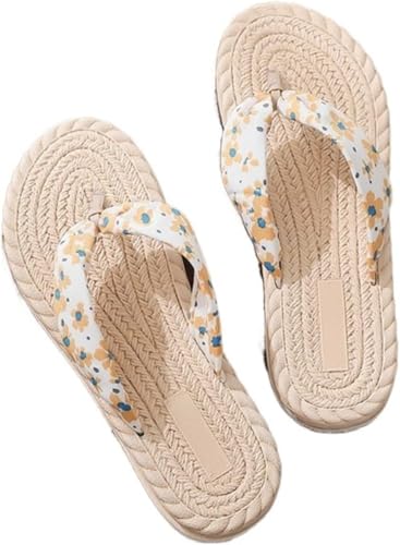 Damen Geflochten Sandalen Stroh Flip Flops Bequem Elegant Flache Sandalen Frauen Casual Slides Sommer Strand Hausschuhe (Gelb,38) von ILESTDG