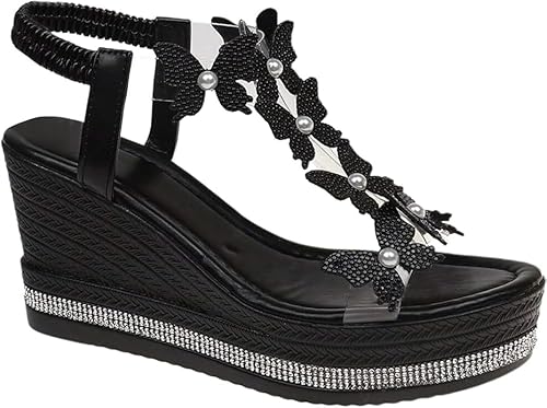 ILESTDG Damen Glitter Butterfly Embellished Sandals Sommer, Sportsandalen Keilabsatz Orthopädisch Open Toe Für Damen (Schwarz,35) von ILESTDG