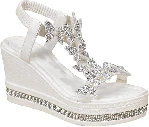 Damen Glitter Butterfly Embellished Sandals Sommer, Sportsandalen Keilabsatz Orthopädisch Open Toe Für Damen (Weiß,35) von ILESTDG