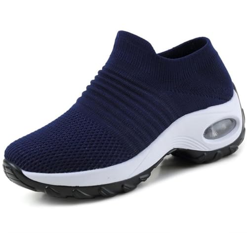 ILESTDG Damen Mesh Plateau Mit Luftpolster Slip on Turnschuhe 579 Mit Atmungsaktive Fitness Turnschuhe Bequem Wanderschuhe (Blau,37) von ILESTDG