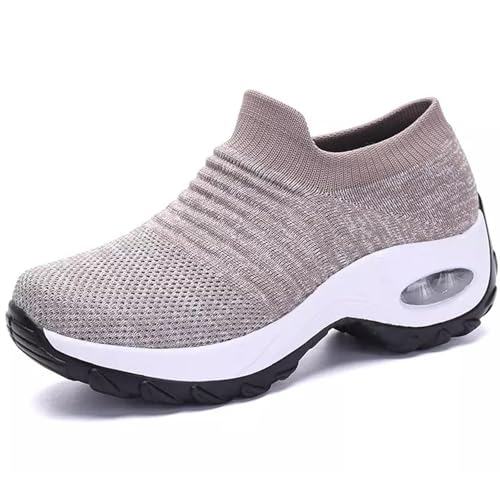 ILESTDG Damen Mesh Plateau Mit Luftpolster Slip on Turnschuhe 579 Mit Atmungsaktive Fitness Turnschuhe Bequem Wanderschuhe (Khaki,37) von ILESTDG