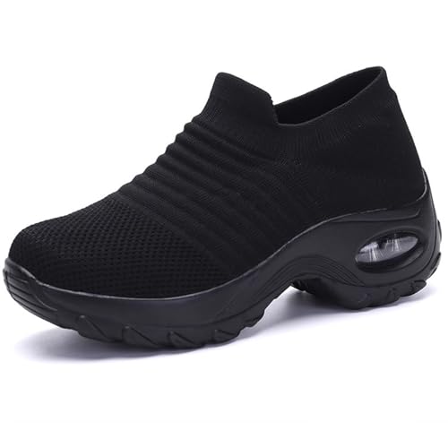 ILESTDG Damen Mesh Plateau Mit Luftpolster Slip on Turnschuhe 579 Mit Atmungsaktive Fitness Turnschuhe Bequem Wanderschuhe (Schwarz,37) von ILESTDG
