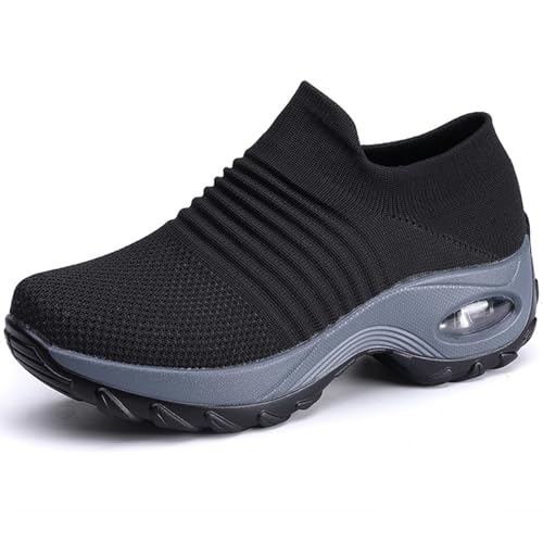 ILESTDG Damen Mesh Plateau Mit Luftpolster Slip on Turnschuhe 579 Mit Atmungsaktive Fitness Turnschuhe Bequem Wanderschuhe (Schwarz-Silber,39) von ILESTDG