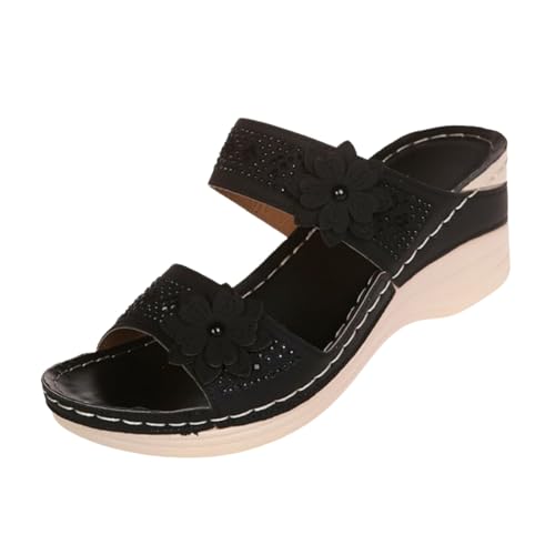 ILESTDG Damen Sandalen Orthopädische Mit Keilabsatz – Bequeme Sandalen Mit Fußbett – Bohemian Design (Schwarz,39) von ILESTDG