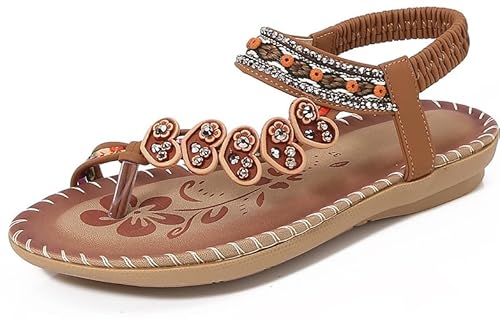 Damen Sandalen Sommer Sandalen Mit Strass Perlen Bohemia Elegant Strand Schuhe, Lässige Offene Elastic Flach Sandalette Orthopädische Flip Flops (Braun,42) von ILESTDG